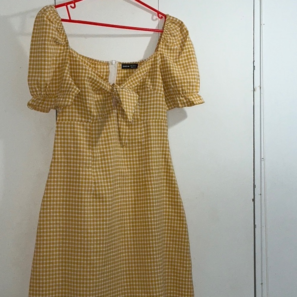 SHEIN Yellow and White Puff Sleeve Mini Sundress